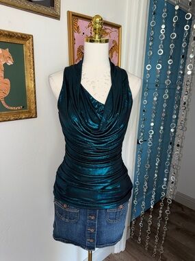 Vintage Y2K Metallic Teal Draped Halter Top